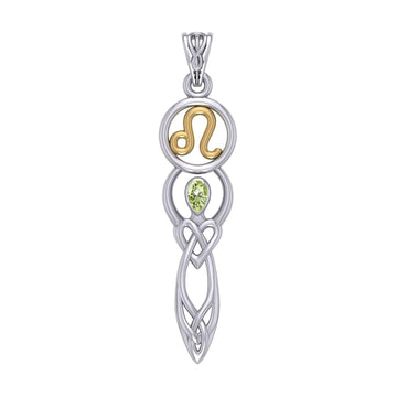 Celtic Goddess Leo Astrology Zodiac Sign Silver and Gold Accents Pendant with Peridot MPD5939 - Jewelry